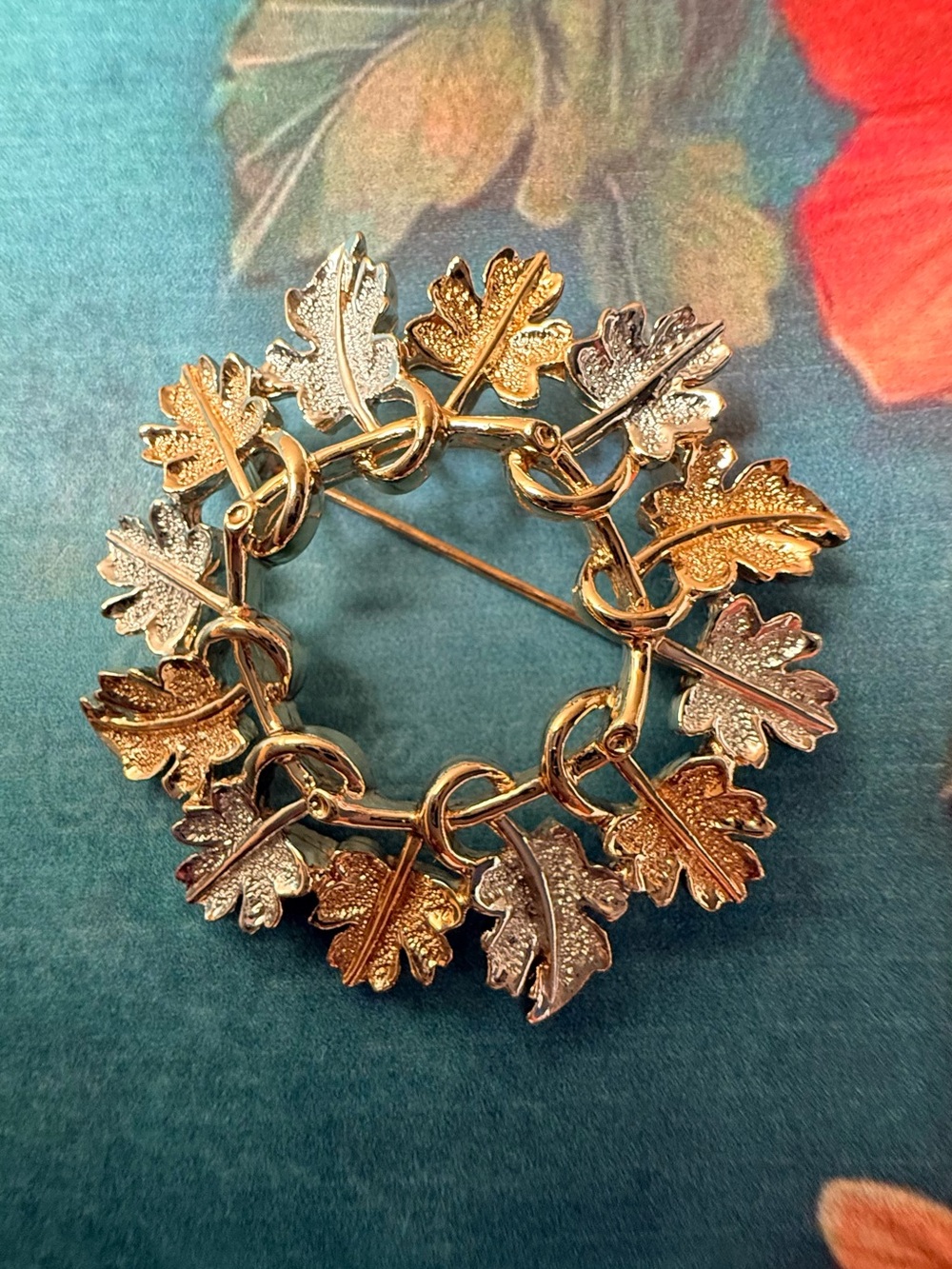 Gold and Silver Leaf Wreath Brooch - Women's Jewelry